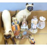 Two Beswick Beatrix Potter figures, Fierce Bad Rabbit and Mrs. Ribby, three Royal Doulton figures,