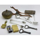 A bottle opener, two other bottle openers including Bulmer's Cider, flatware, etc.