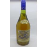 A bottle of Three Barrels Rare Old French Brandy, 35.2 fl.oz. or 1litre