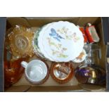 Assorted glassware including carnival, Royal Worcester plate and other china including Sadler,