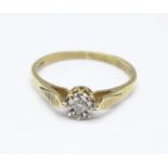 A 9ct gold, diamond solitaire ring, 1.4g, N