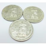 Three silver British Columbia 1958 commemorative Totem Pole dollar coins, 70g