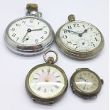 A silver fob watch, a silver wristwatch, case hinge a/f, and two other pocket watches, one lacking