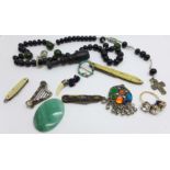 A seal set with bloodstone, beads, three pocket knives, etc., a/f