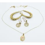 Two pairs of 9ct gold earrings and a 9ct gold pendant and chain, 3.2g