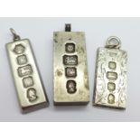 Three silver ingot pendants, 110.9g