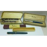 A Conway Stewart No 58 pen with 14ct gold nib and matching pencil, a Parker Slimfold with 14ct