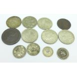 Eight George VI coins, 96g, a 1912 sixpence, a cartwheel penny and two other coins