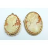 Two 9ct gold mounted cameo brooches, total weight 11.2g