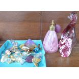 A Wedgwood glass duck paperweight, a glass elephant, signed, a perfume atomiser and crystal