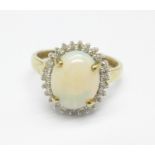 A 9ct gold, synthetic opal and white stone cluster ring, 2.2g, K