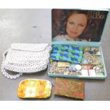 An Estee Lauder box with vintage make up bags, compact, costume jewellery and a bead bag