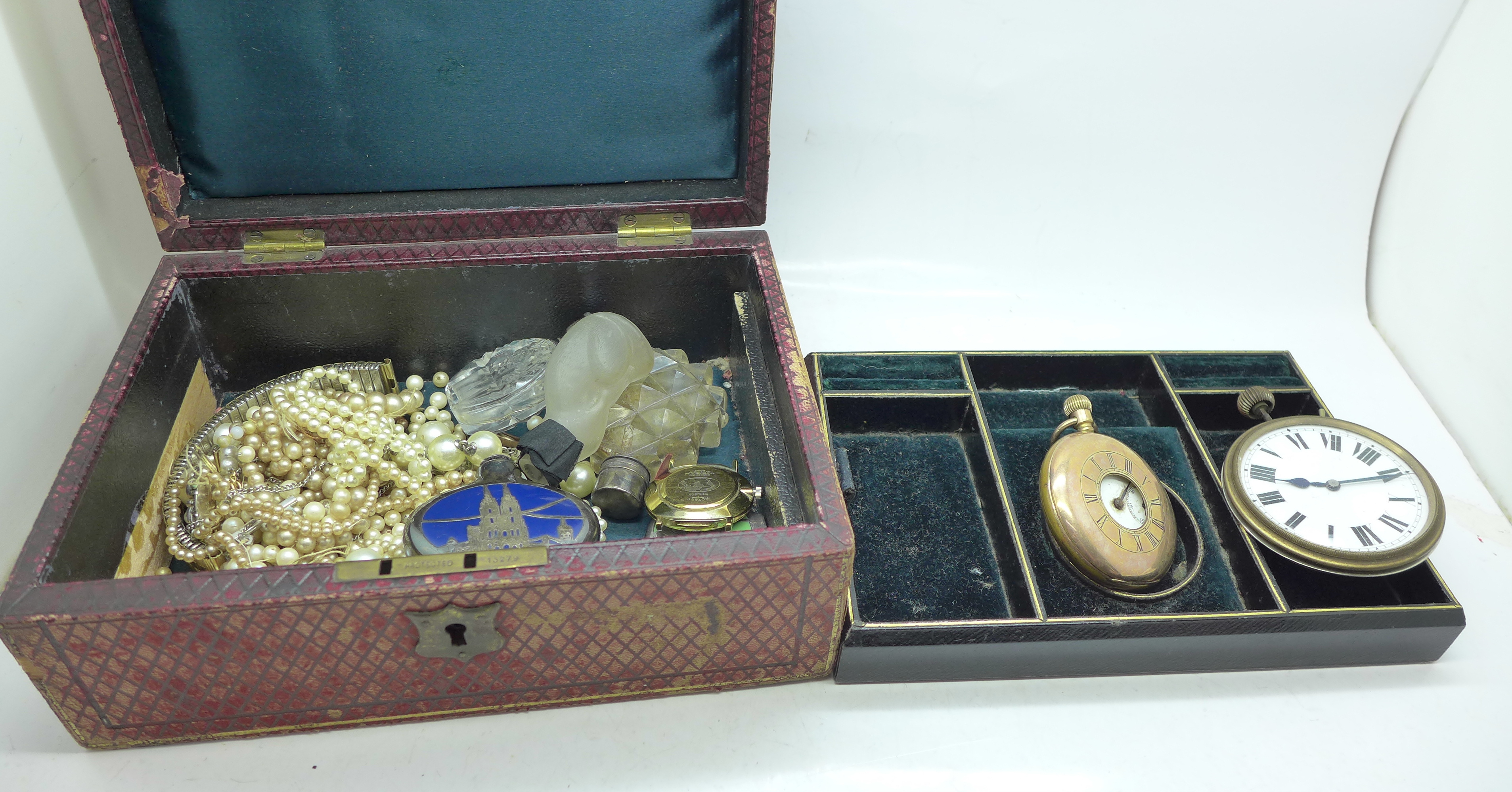 A jewellery box, faux pearls, scent bottles and watches, a/f