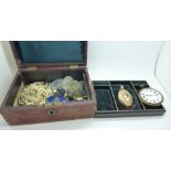 A jewellery box, faux pearls, scent bottles and watches, a/f