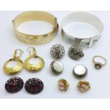 Jewellery including a silver bangle, a rolled gold bangle, a 9ct gold ring, 1.9g, and five pairs