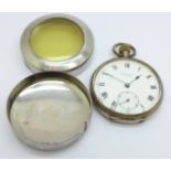 A silver Russells Ltd. pocket watch, with protective outer case