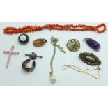 Jewellery including a Victorian silver brooch, a coral necklace, an amethyst quartz pendant, etc.,