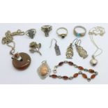 Jewellery including a pair of hallmarked silver owl earrings, an elephant ring, other rings,