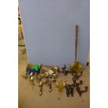 Assorted brass and wooden wall and ceiling lights, etc.