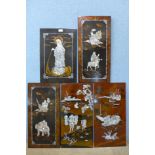 Five oriental lacquered and mother of pearl inlaid wall hanging panels