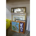 Four paintings, a print and a gilt framed mirror