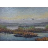 V.A. Larsen, estuary landscape with mallards in flight, oil on canvas, 44 x 64cms, framed