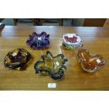 Five coloured glass dishes