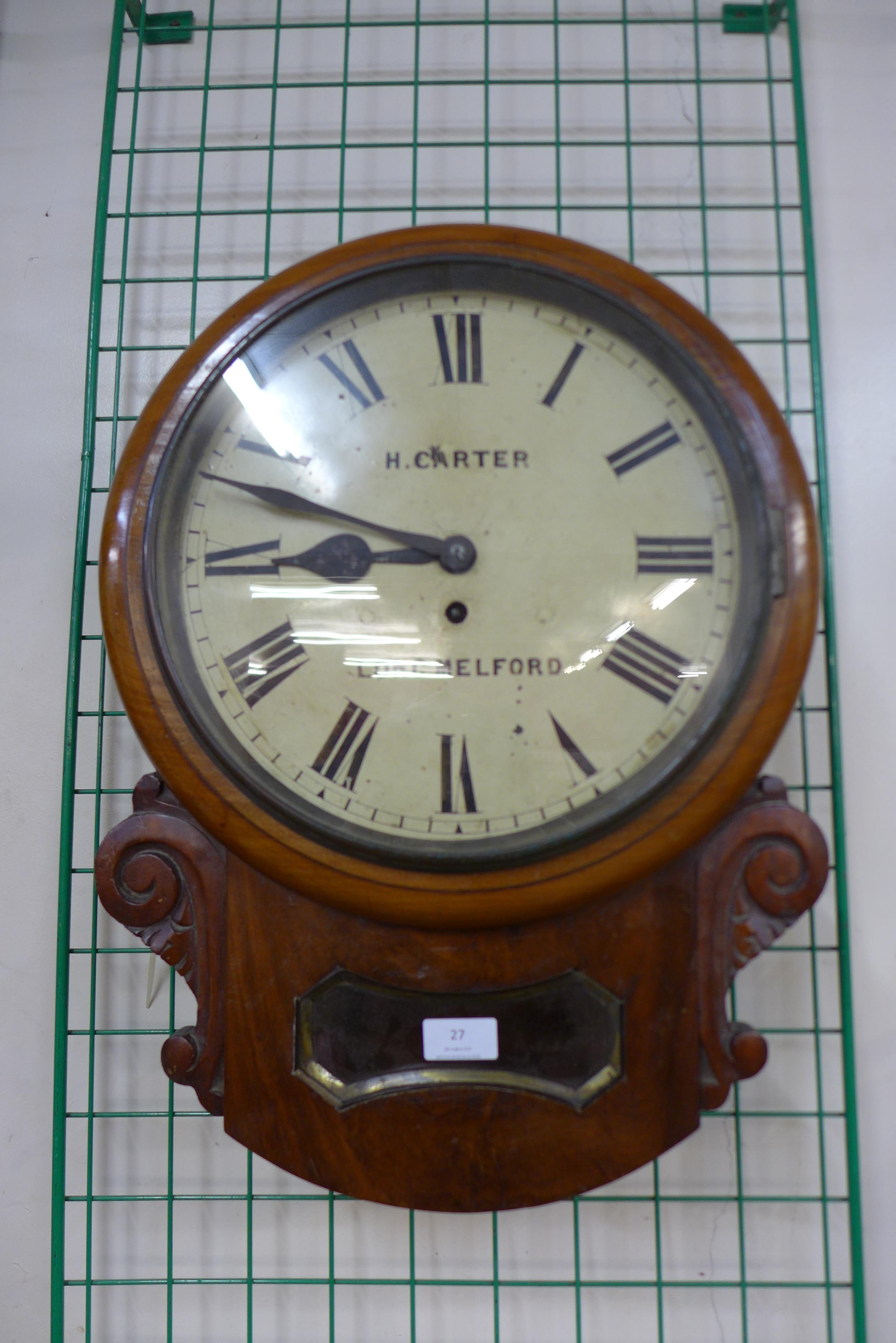 A 19th Century mahogany fusee wall clock, the painted 12 inch circular dial signed H. Carter, Long