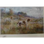 A pair of Rosseau prints of hunting dogs, 41 x 58cms, framed