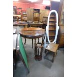 A mahogany demi-lune fold-over card table, an oak drop-leaf occasional table, a beech stick stand, a