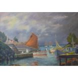 Continental School, harbour landscape, oil on canvas, indistinctly signed, 69cms x 99cms, framed