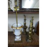 Three brass table lamp bases and one other