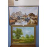 K. Beiber, river landscape, oil on canvas and a canal landscape, oil on board, unsigned, framed