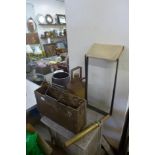 A vintage folding stool, tool box, brass pump and an oil can