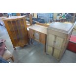 An oak washstand, corner display cabinet and gramophone cabinet case