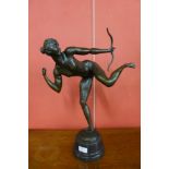 A French style bronze figure of Diana the Huntress, on black marble socle