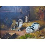 F. Wagner, rabbits in a barn, oil on board, 29 x 39cms and M. Paules, rabbits in a barn, oil on
