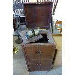 An inlaid mahogany gramophone cabinet and parts