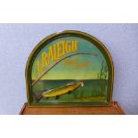 A painted wooden sign, L. Raleigh Finest Tackle