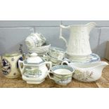 Six Ashworth Bros. The Blue Funnel Line, Adams Old Winter Scenes tea ware, a Portmeirion jug, a