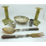 Silver mounted horn salad servers, an embossed dish, an Art Deco ink blotter, a pair of Corinthian
