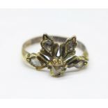 A yellow metal ring set with five old cut diamonds, a/f, 2.8g, O