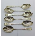 Six assorted silver brite cut, shell bowl teaspoons, two by Hester Bateman