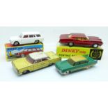 Three Dinky Toys model vehicles, (Pontiac with reproduction box), and an Atlas Dinky Toys Break