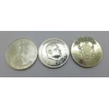 A 2009 1oz. fine silver one dollar, a 1965 Zambia 5 shillings and a silver Bank of Sierra Leone 10th