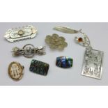 Two hallmarked Victorian silver brooches and seven other brooches, (testing as silver)