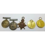 A trio of WWI medals to 16730 Gnr. W. Maloney R.A. and a pair of WWI medals 786 Pte. T. Mahoney,