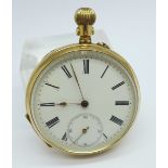 A 14ct gold cased pocket watch, (inner cover not gold), lacking loop