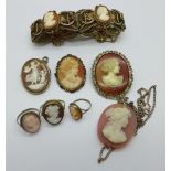 Cameo set jewellery including a silver bracelet