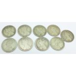 Nine Victorian Gothic head one florin coins, 95g